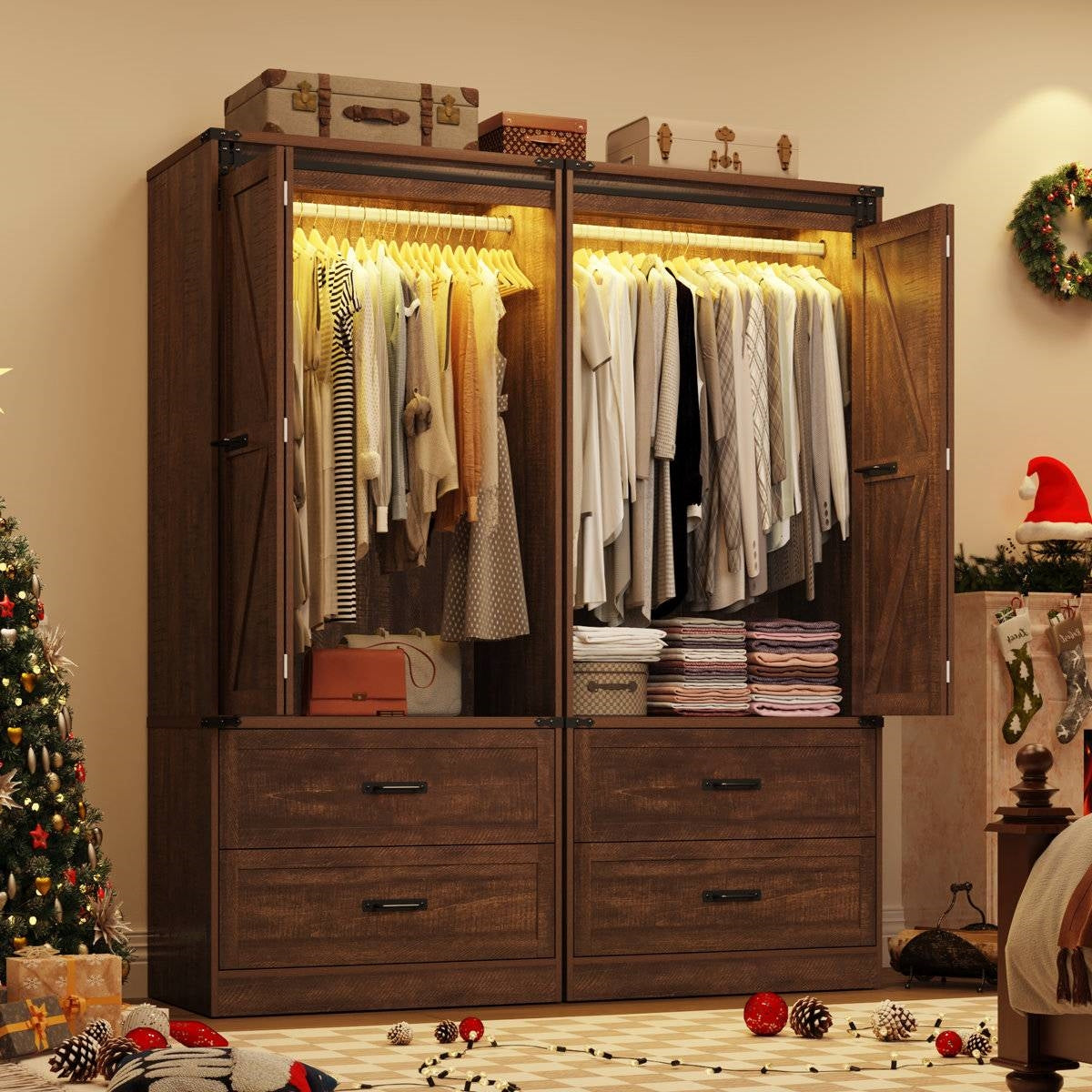 Espresso Brown Wood Farmhouse Armoire Wardrobe Closet with Sliding Barn Doors-2
