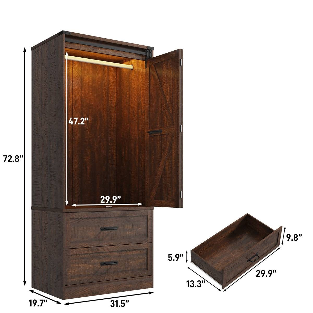 Espresso Brown Wood Farmhouse Armoire Wardrobe Closet with Sliding Barn Doors-4