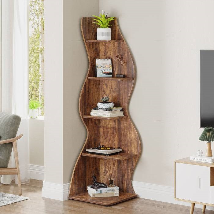 Modern Wave Shape 5 Shelf Corner Bookcase in Brown Wood Finish-0