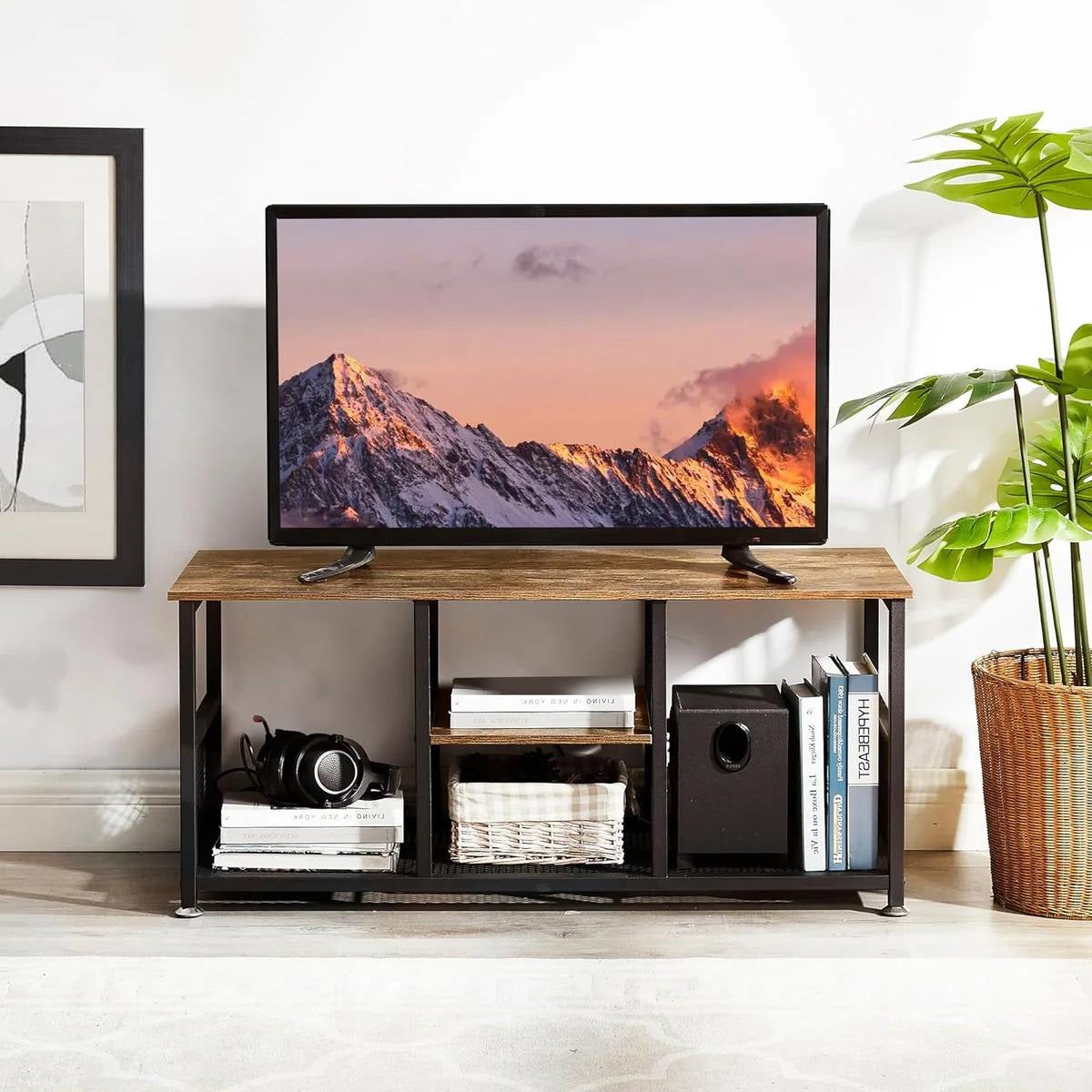 Industrial Modern Metal Wood TV Stand with Media Storage Shelf-0