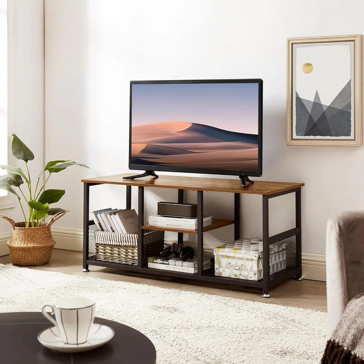 Industrial Modern Metal Wood TV Stand with Media Storage Shelf-1