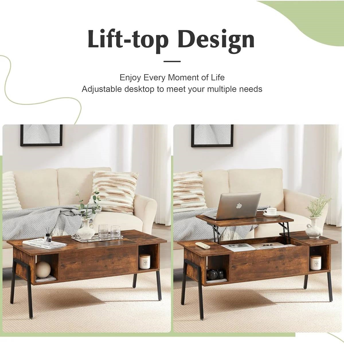 Modern Lift-Top Coffee Table Laptop Desk with Storage Shelf in Brown Wood Finish-3