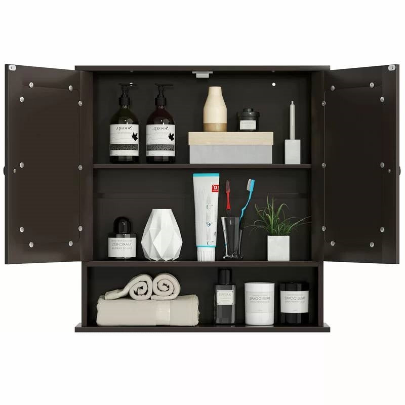 Brown Wooden Bathroom Wall / Medicine Cabinet with Mirrored Doors and Shelf-1