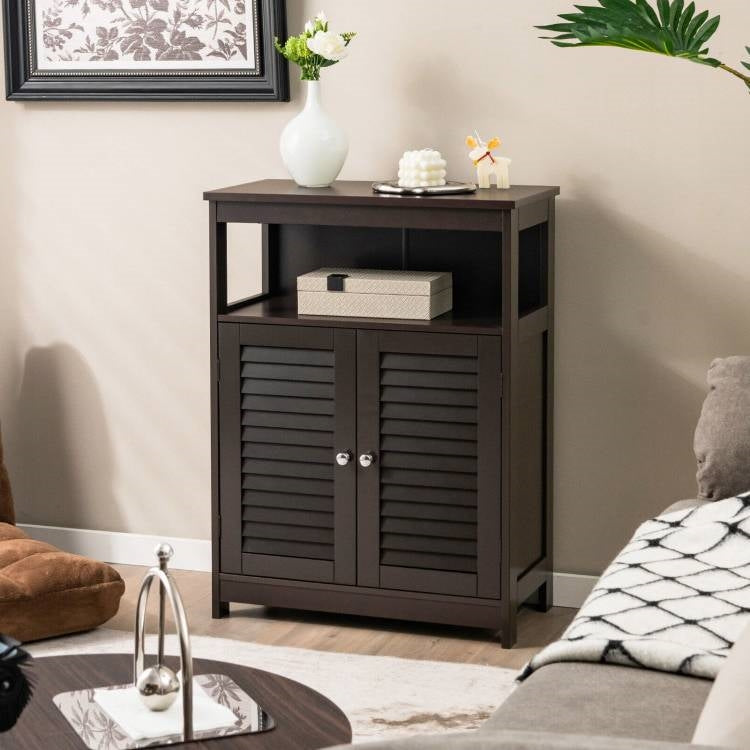 Brown Farmhouse Bathroom Linen Cabinet with Louvered Doors and Open Shelf-3