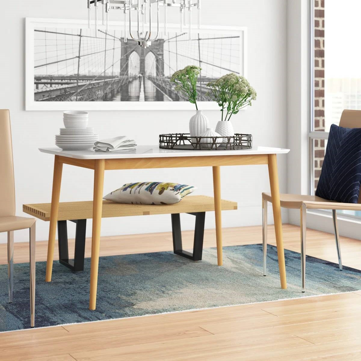 Modern 47 x 29 inch Mid-Century Dining Table in White and Natural Wood Finish-1