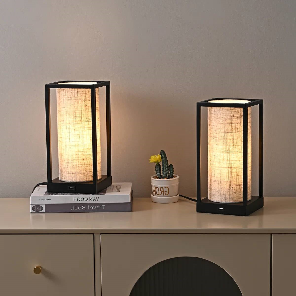 Set of 2 - Modern Japanese Style USB Table Lamp with Beige Linen Shade-0