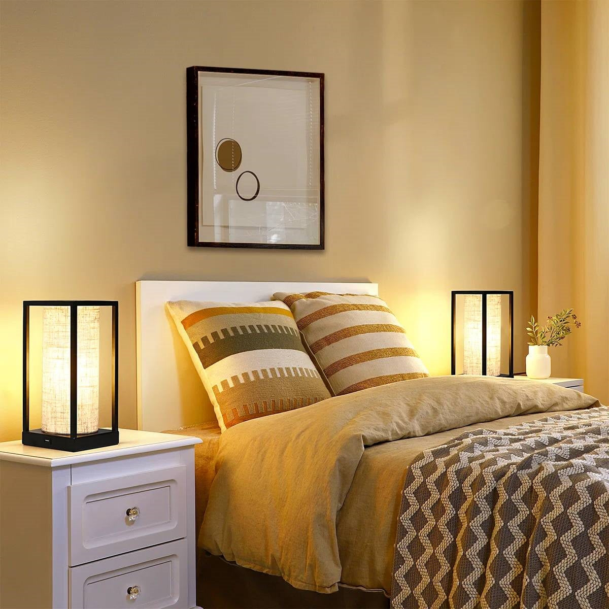 Set of 2 - Modern Japanese Style USB Table Lamp with Beige Linen Shade-1