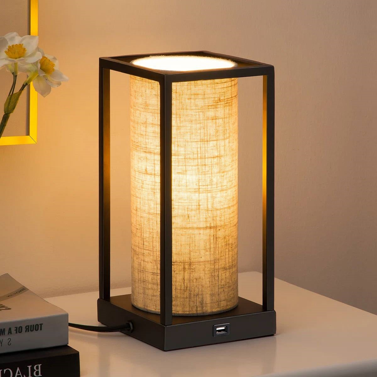 Set of 2 - Modern Japanese Style USB Table Lamp with Beige Linen Shade-2