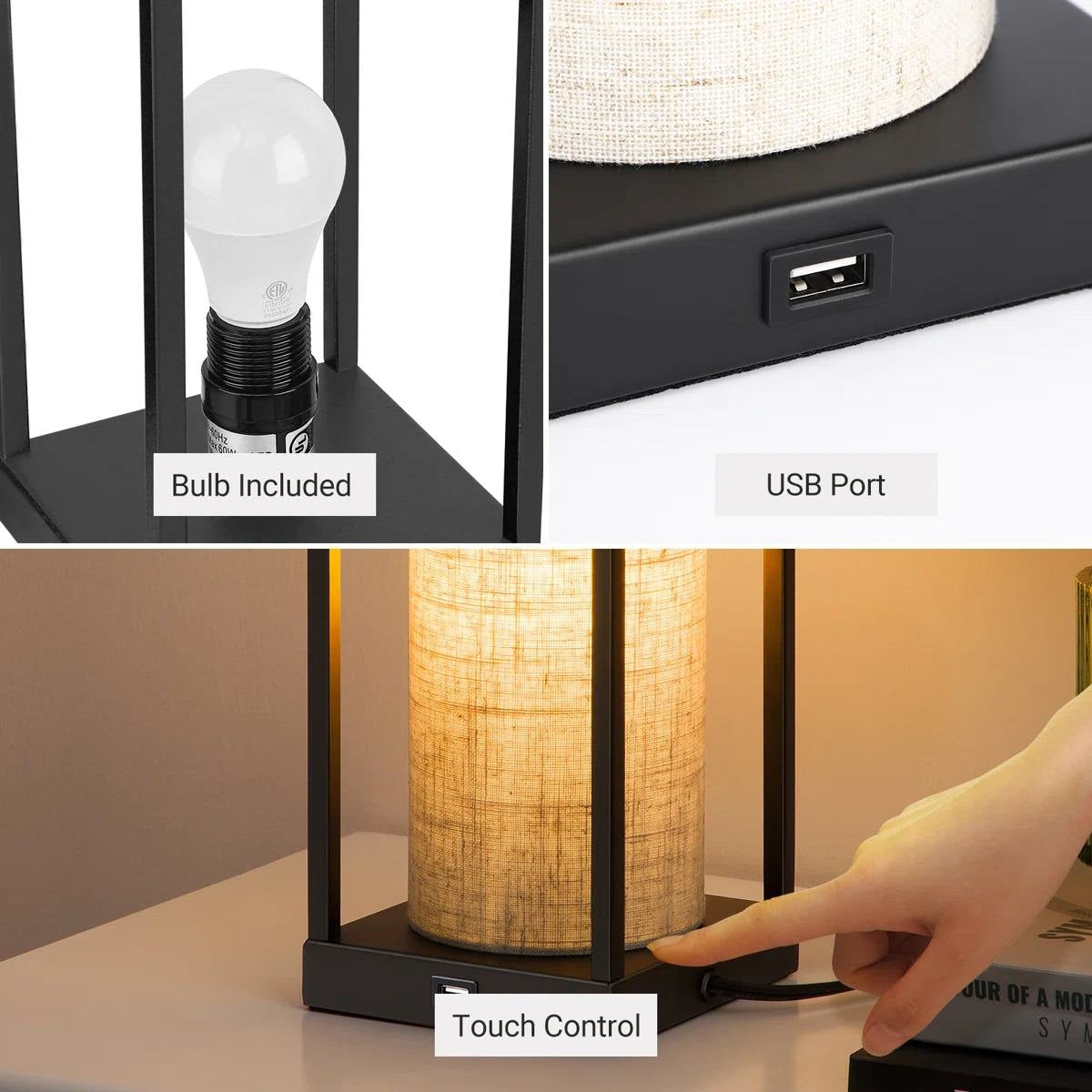 Set of 2 - Modern Japanese Style USB Table Lamp with Beige Linen Shade-3