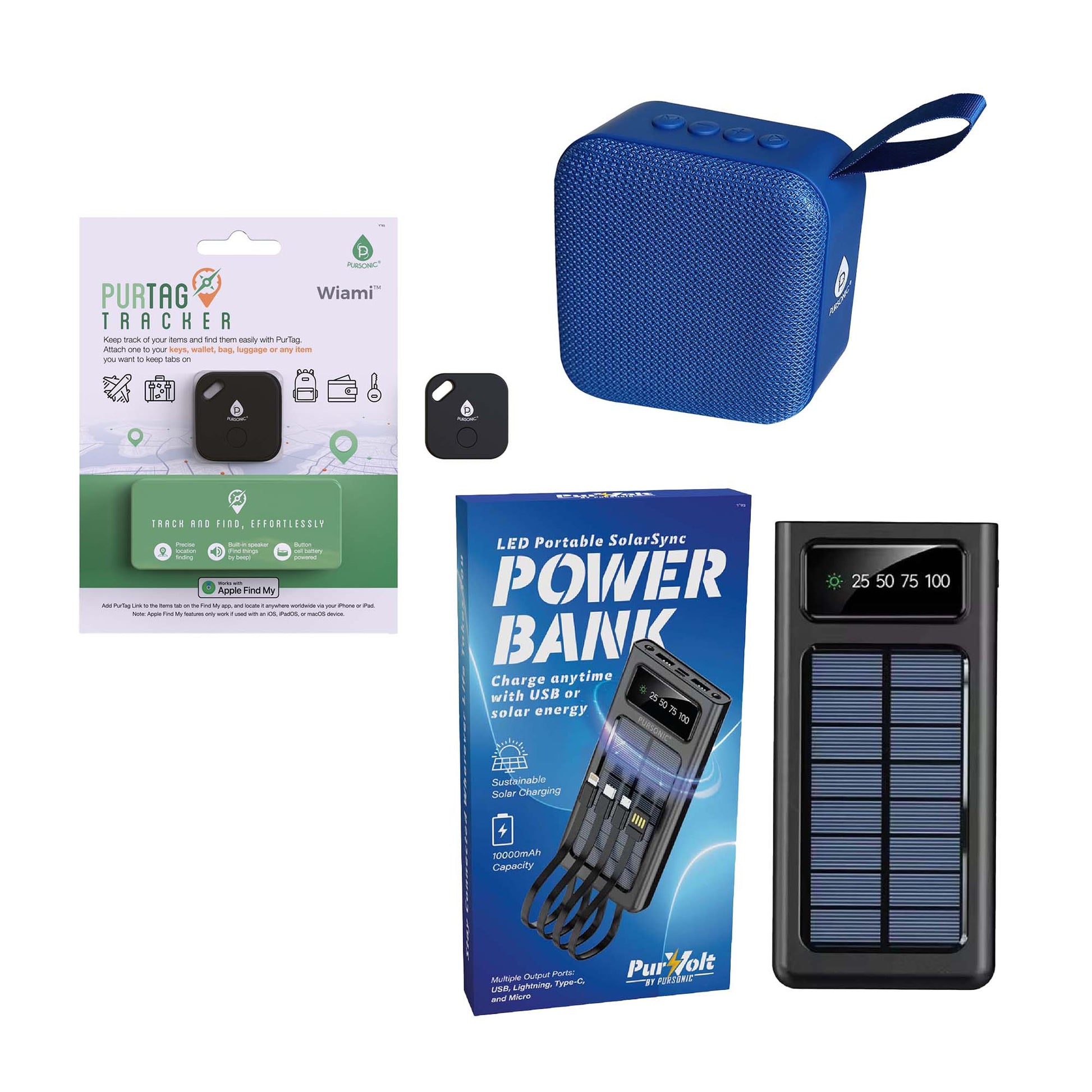 Pursonic Wireless Speaker, Solarsync Power Bank & Purtag Tracker Bundle – Ultimate Sound, Power & Security Anywhere!-0