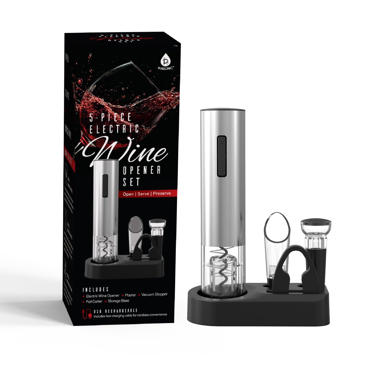Pursonic 5-Piece Electric Wine Opener Set – 2 PACK Bundle-3