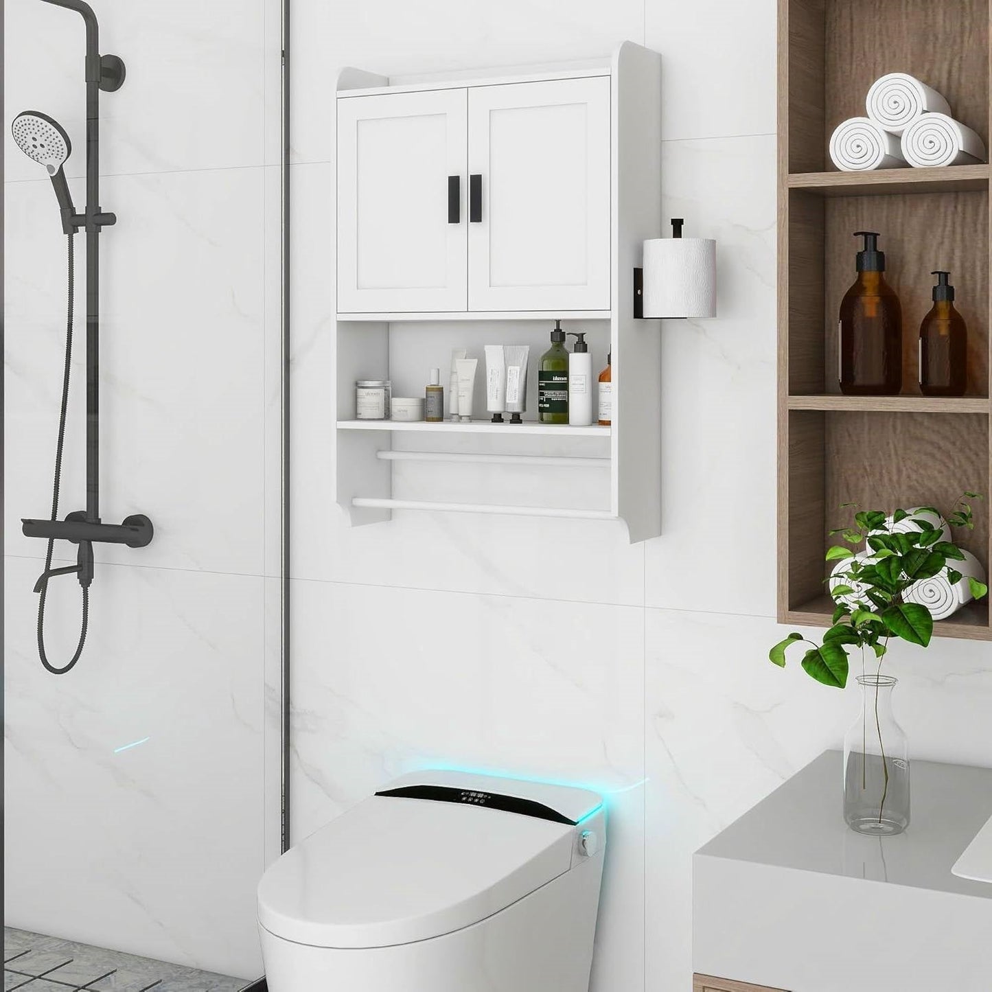 White Bathroom Wall Cabinet with Towel Bar and Storage Shelf-1