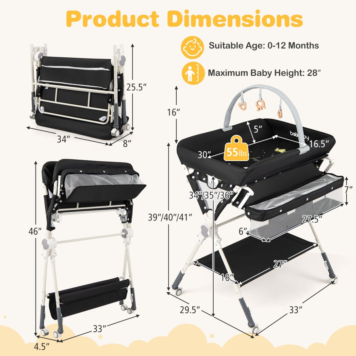 Baby Changing Table Foldable Diaper Changing Station with Storage Bag and Shelf
