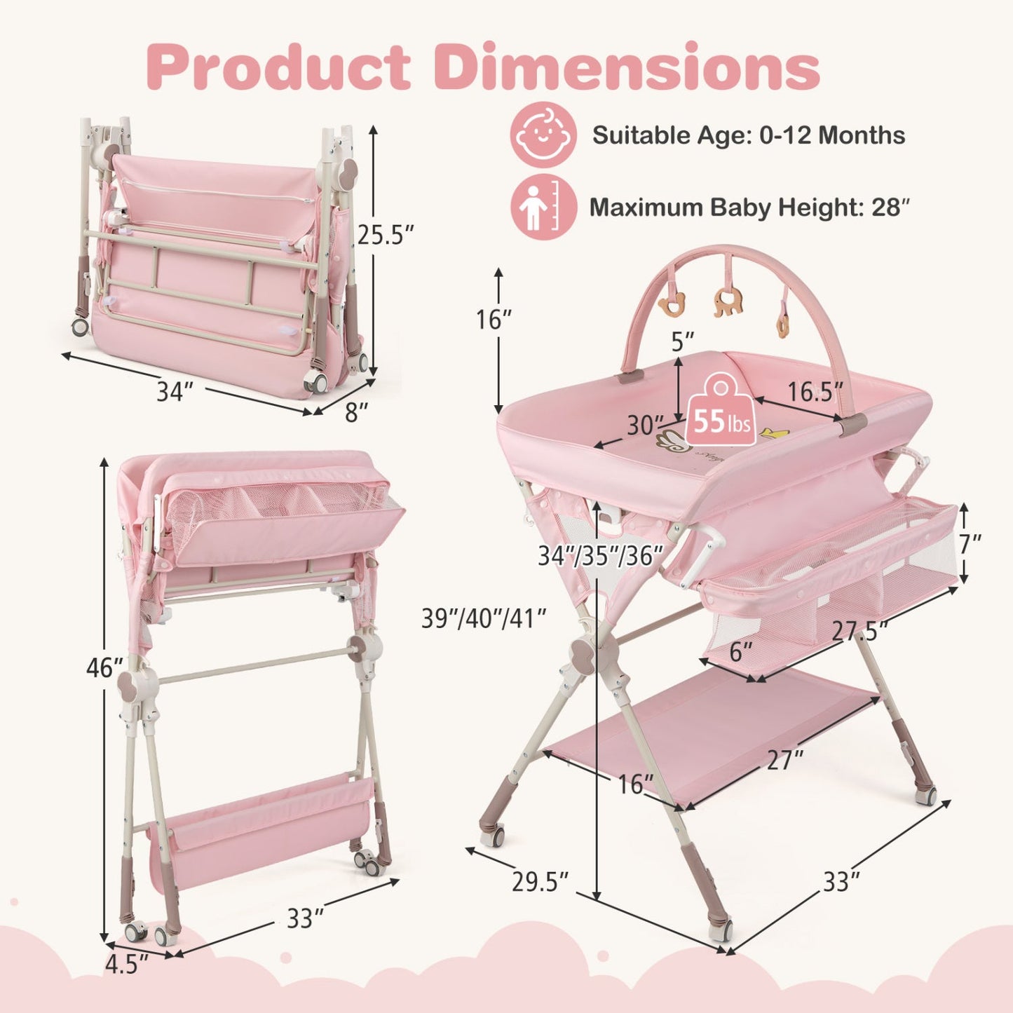 Baby Changing Table Foldable Diaper Changing Station with Storage Bag and Shelf