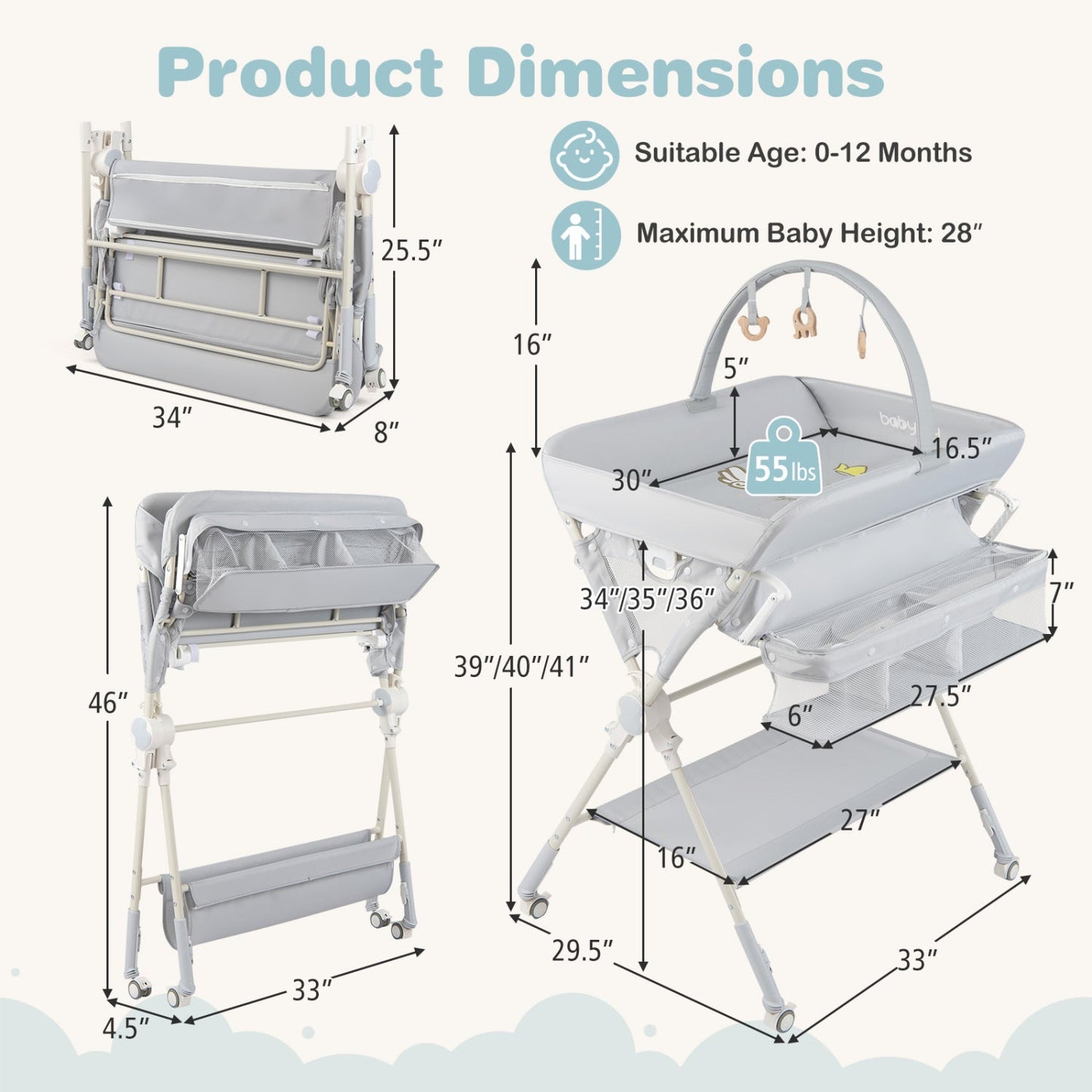 Baby Changing Table Foldable Diaper Changing Station with Storage Bag and Shelf