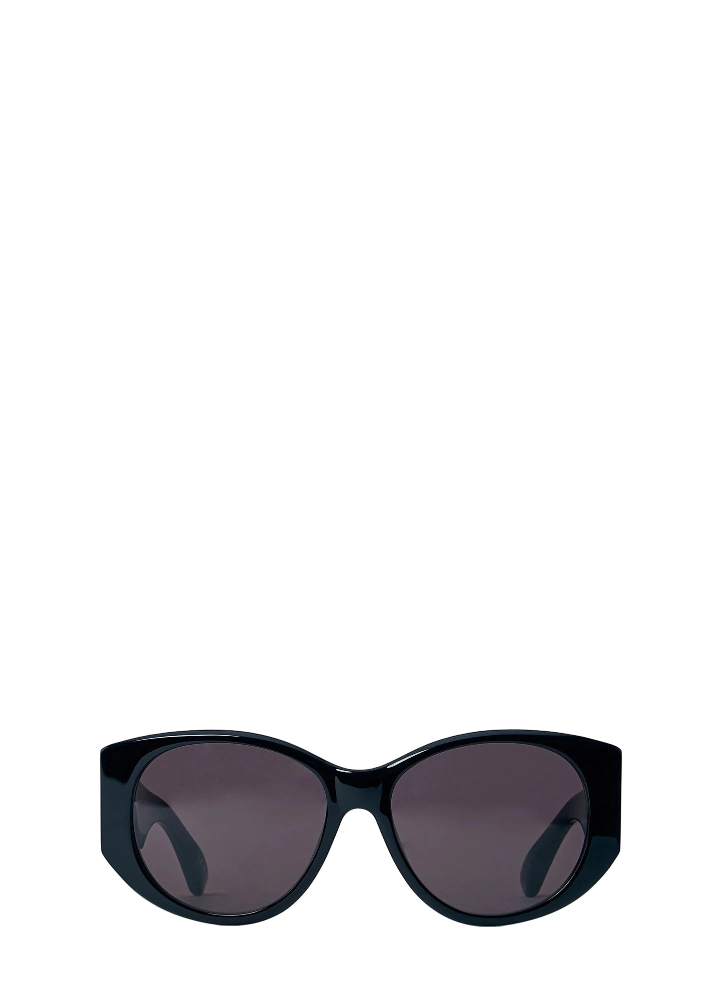 Black sunglasses with dark lenses on a light blue background