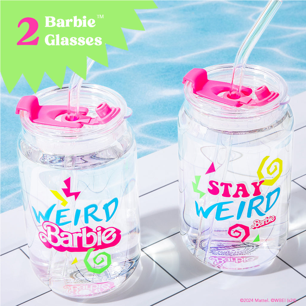 Two clear tumblers with pink lids and 'Stay Weird Barbie' text on a poolside background.