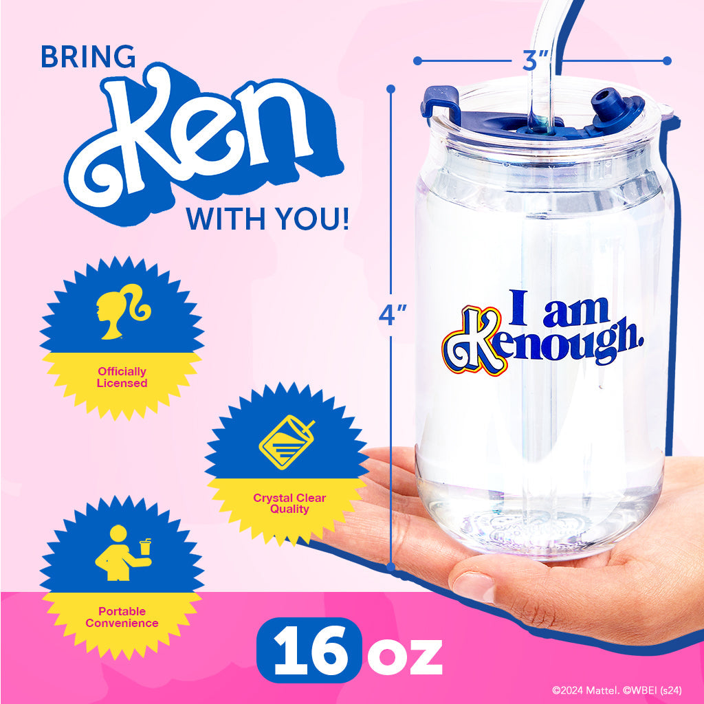 Clear water bottle with 'I am Kenough' text, held in a hand against a pink background with branding elements.