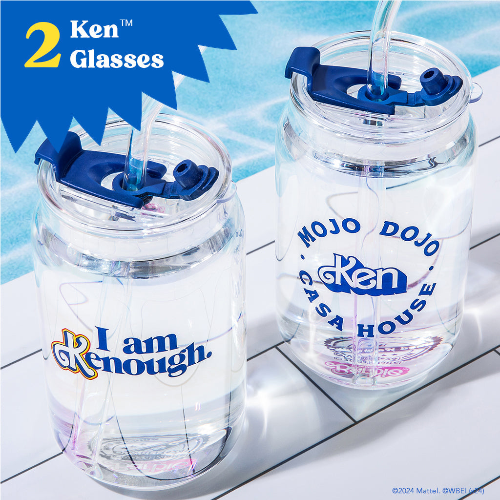 Two clear tumblers with blue lids and text on a light blue and white checkered background.
