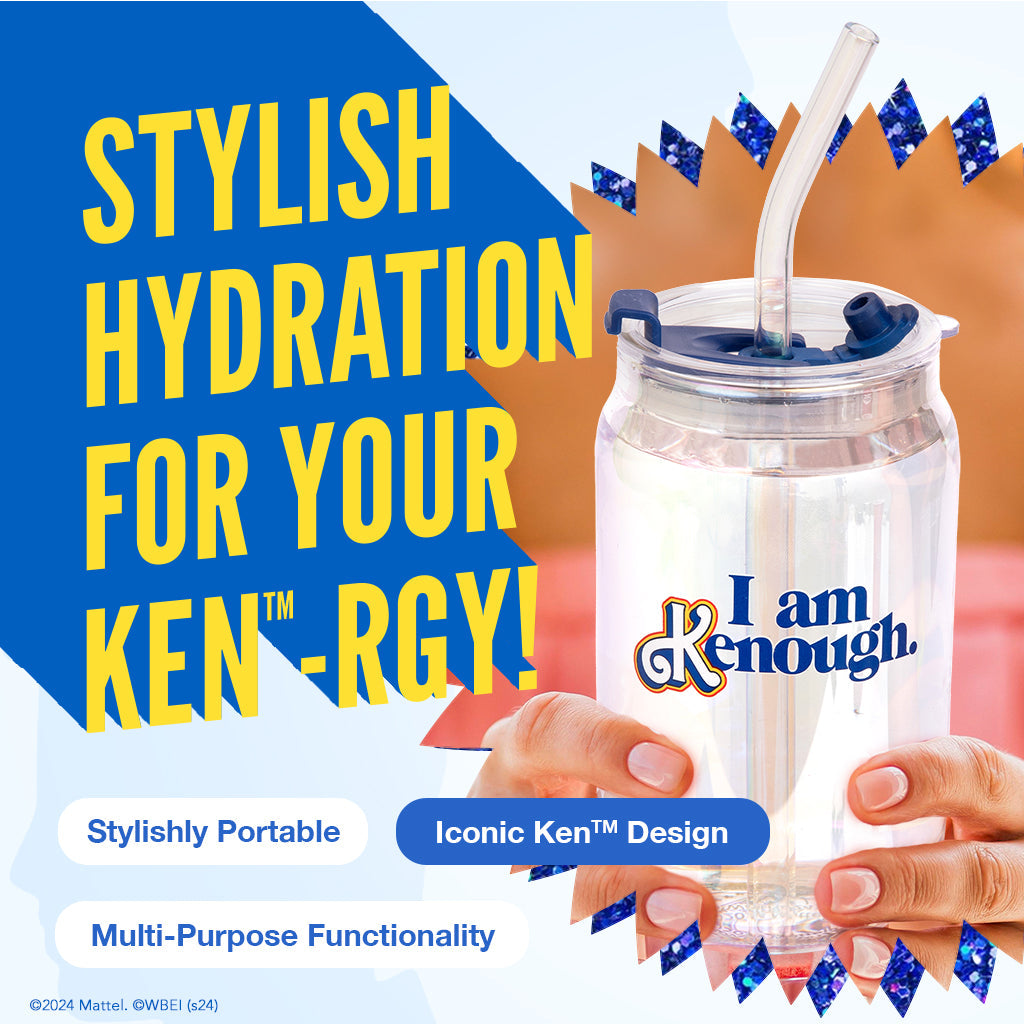 Clear tumbler with blue lid and straw, held by a hand, against a colorful background with promotional text.