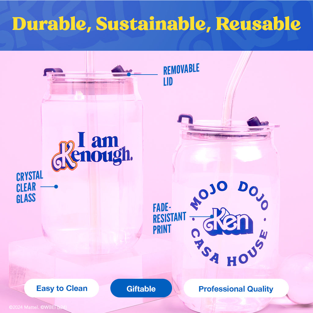 Two tumblers with 'I am Kenough' and 'Mojo Dojo Casa House' branding on a pink background.
