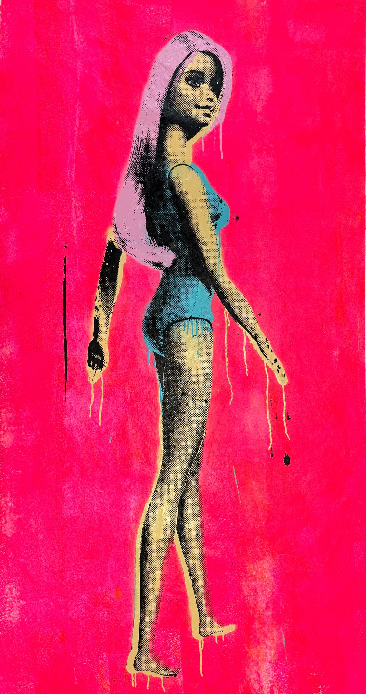 A stylized pop-art illustration of a woman in profile wearing a blue swimsuit and fishnet stockings, with dripping paint details, set against a vivid hot pink background. Barbie on Pink - Silk Screen, Acrylic & Spray Paint on canvas, 2024