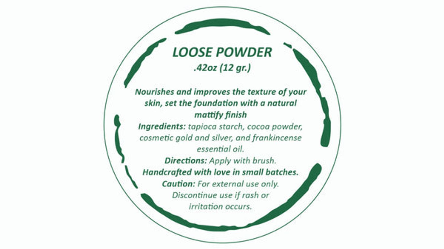 Loose powder label with green border and white background