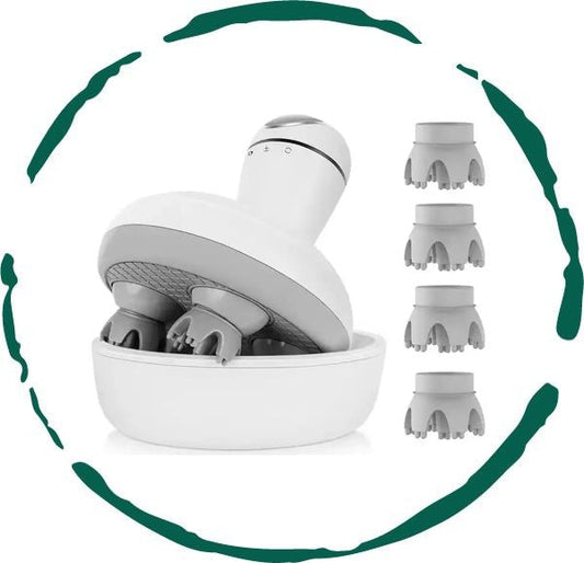 White handheld Smart Scalp Massager-0 with multiple nozzles in a white container on a white background. Smart Scalp Massager-0