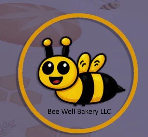 Cartoon bee character with 'Bee Well Bakery LLC' text on a purple background