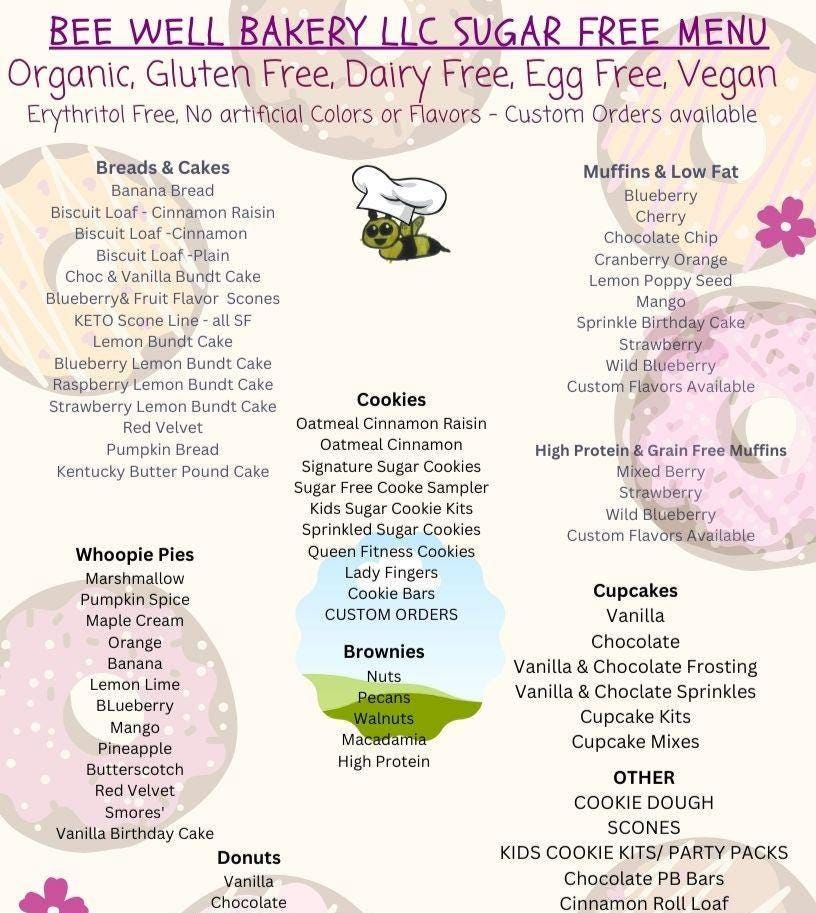 Menu from Bee Well Bakery LLC featuring various sugar-free baked goods with a bee illustration.