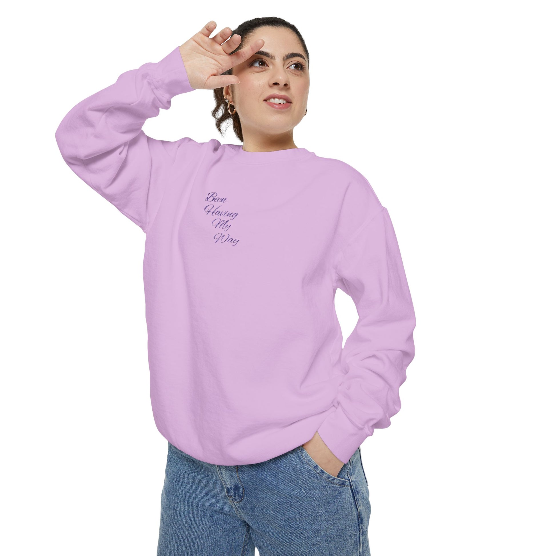 Person wearing a light purple sweatshirt with a logo on a white background. "Been Having My Way" REAL EMBROIDERY Sweatshirt — Cozy Casual Crewneck, Made to Order and Can Be Customized with Your Name