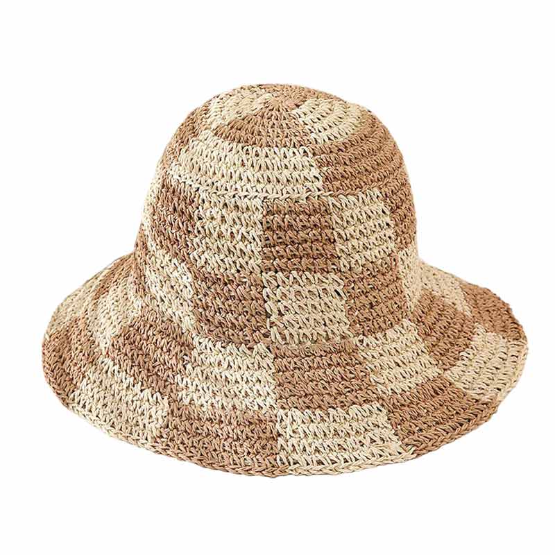 Checkerboard Patterned Straw Bucket Hat