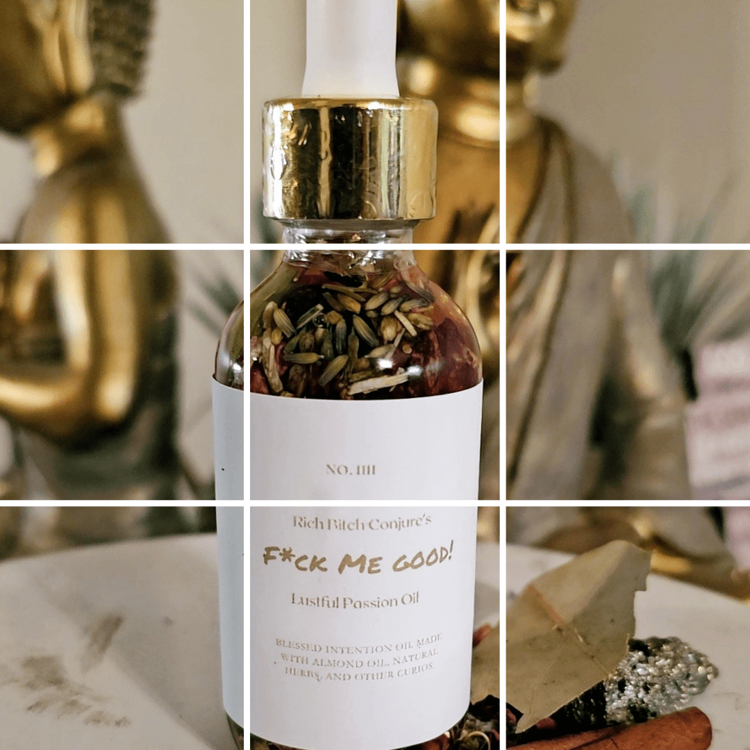 Collage of a bottle labeled 'F*ck Me Good!' with a gold cap and decorative elements. FMG Hoodoo Conjure Oil | Lust and Passion Oil | Intimate Attraction Ritual Oil | Magnetism and Desire Rootwork Oil | Spiritual Supply