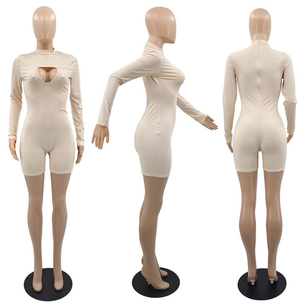 Beige bodysuit on a mannequin with three different angles displayed.
