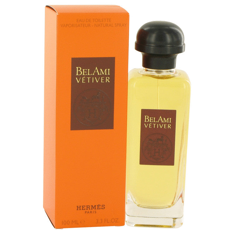 Bel Ami Vetiver by Hermes Eau de Toilette 3.3 oz spray bottle for men, luxury woody fragrance in classic packaging, long-lasting designer cologne for daily wear.
