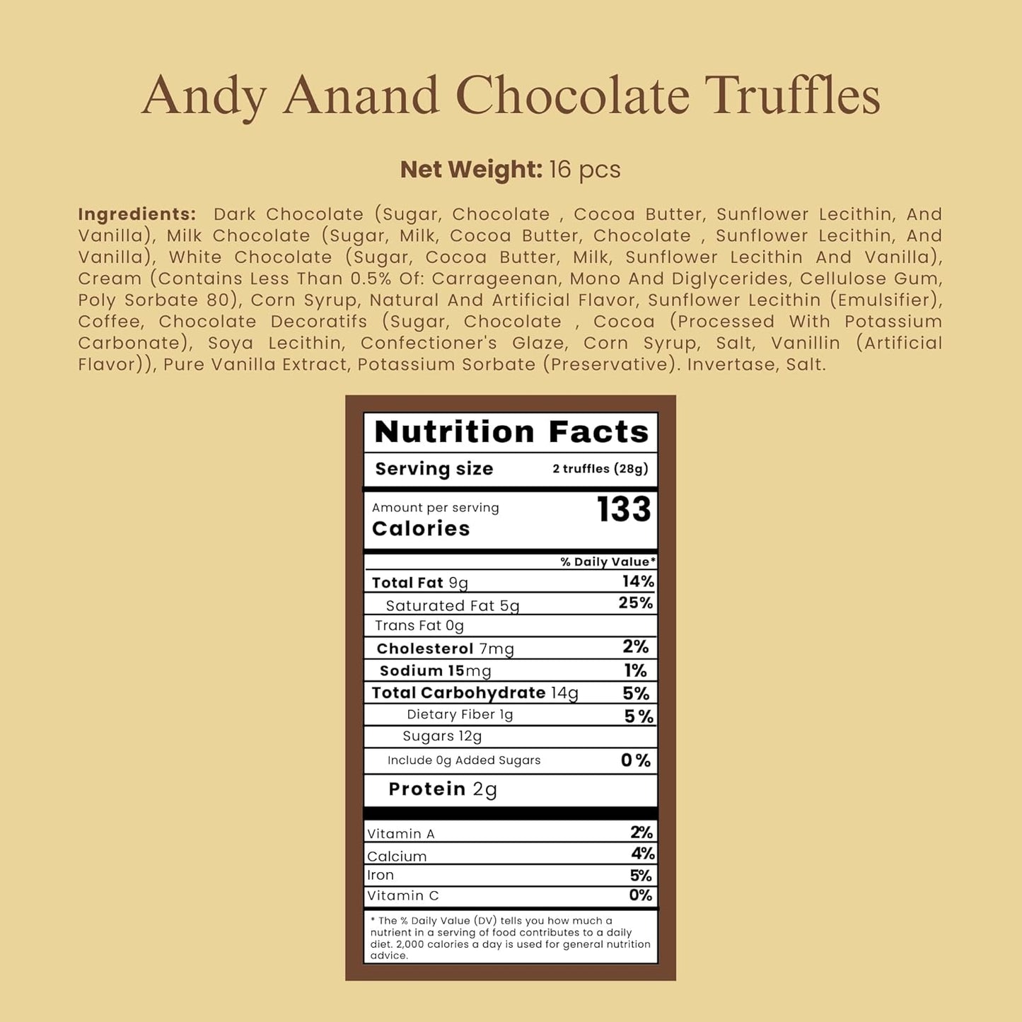 Andy Anand Assorted Belgian Chocolate Truffles Gift Box, 16 pc – Handmade Creamy Filled Gourmet Chocolates, Birthday & Holiday Gift Box