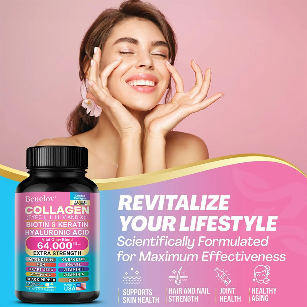 Woman with hands on face next to a bottle of Bcuelov Collagen supplement on a pink background. Beuelov COLLAGEN TYPE I, II, II, V, AND X, Biotin & Keratin Hyaluronic Acid Vital Glow Blend 64,000 Extra Strength magnesium quercetin msm folate grape seed vitaman e vitamin c vitamin a black pepper zinc 120 capsules made in the USA