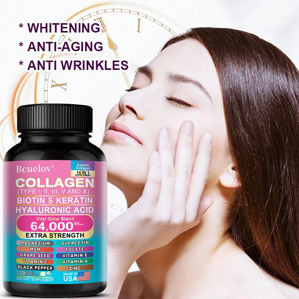 Collagen supplement bottle with a woman touching her face, highlighting whitening, anti-aging, and anti-wrinkles benefits.