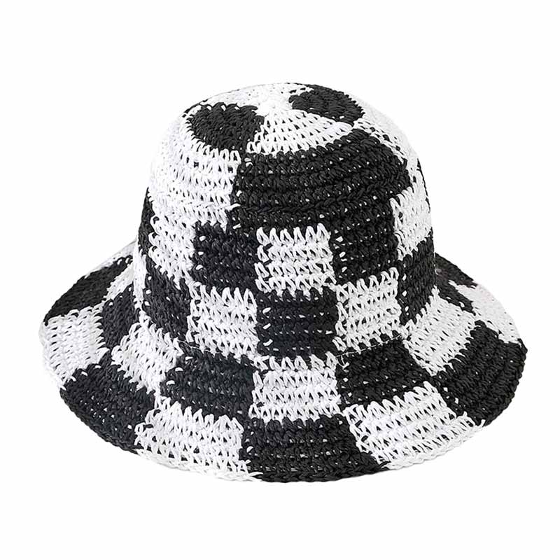 Checkerboard Patterned Straw Bucket Hat
