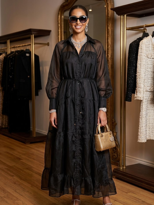 Black Sheer Tiered Maxi Shirt Dress GRAMERCY New Collection FASHION BYMANYC ® New York-0