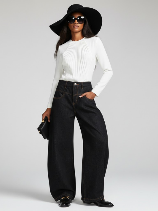 Black Wide-Leg Denim Jeans with Contrast Stitching • BYMANYC ® New York-0