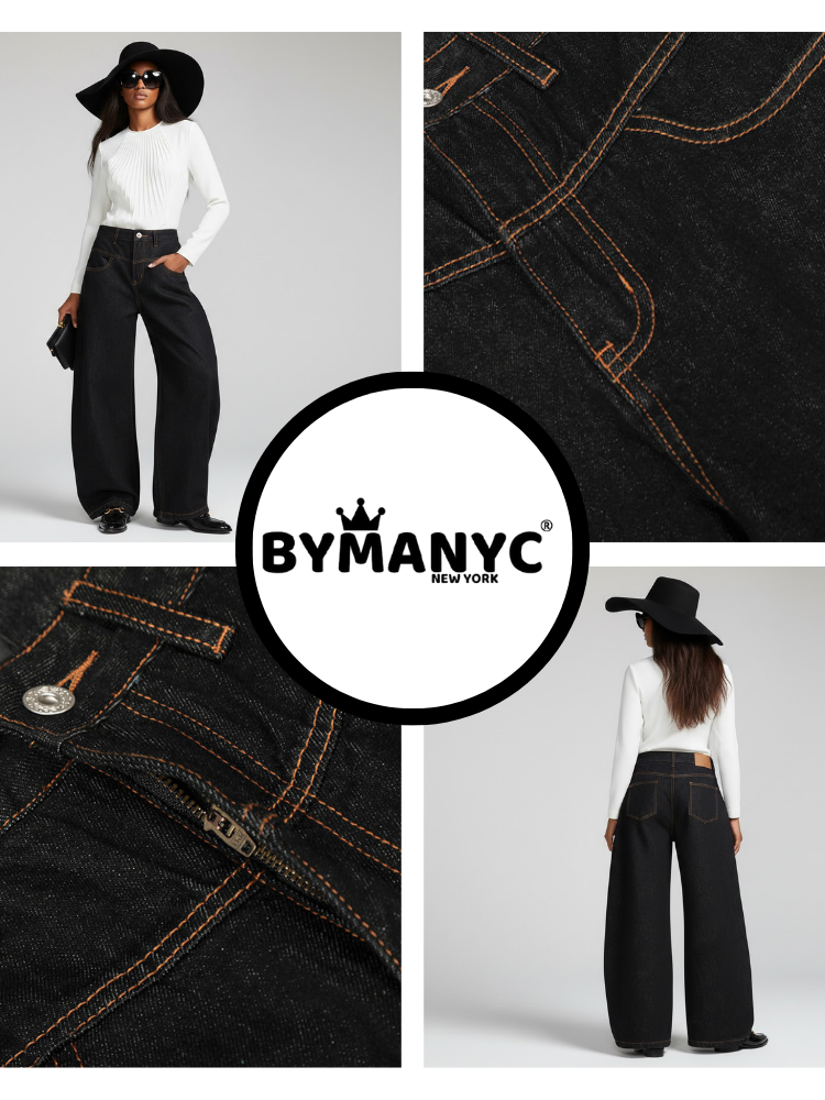 Black Wide-Leg Denim Jeans with Contrast Stitching • BYMANYC ® New York-2