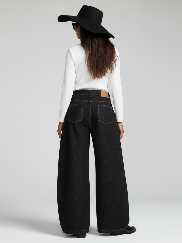 Black Wide-Leg Denim Jeans with Contrast Stitching • BYMANYC ® New York-1