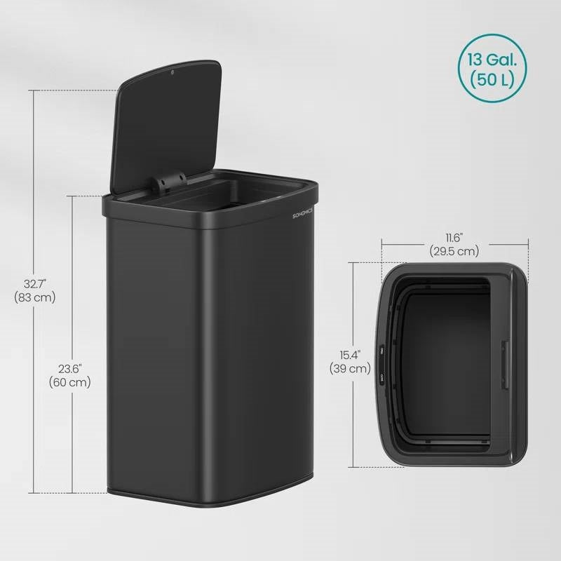 Black trash bin with dimensions and capacity label on a light gray background