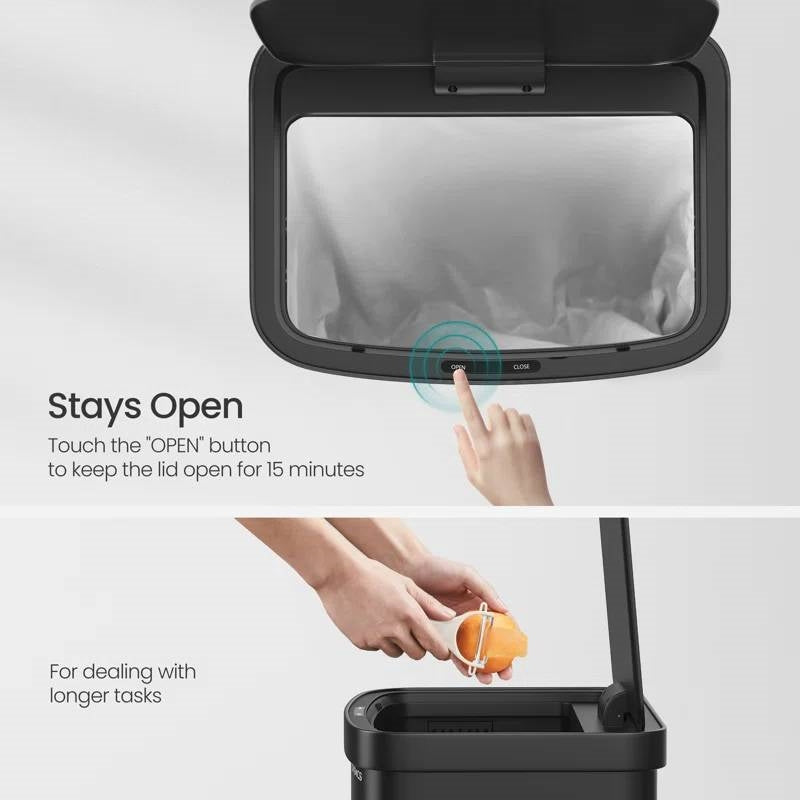 Black trash bin with open lid and hand reaching inside, featuring text on functionality.