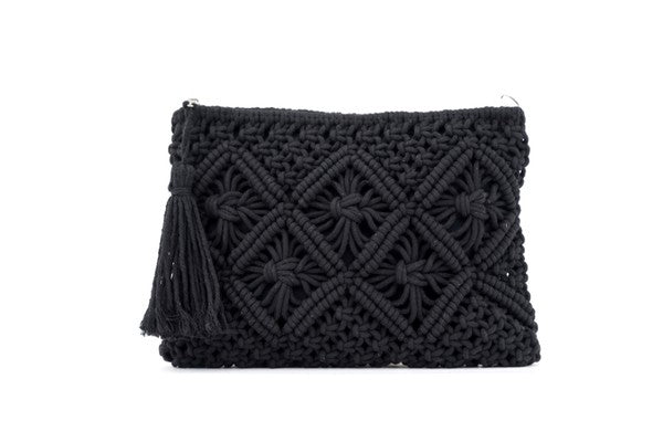 perfect for nights out or travel days.

Black Macrame Tassel Clutch