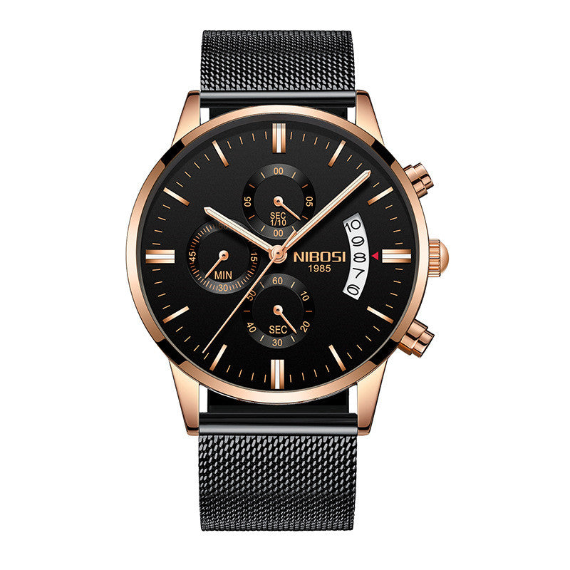 Black and rose gold watch with mesh band on a white background