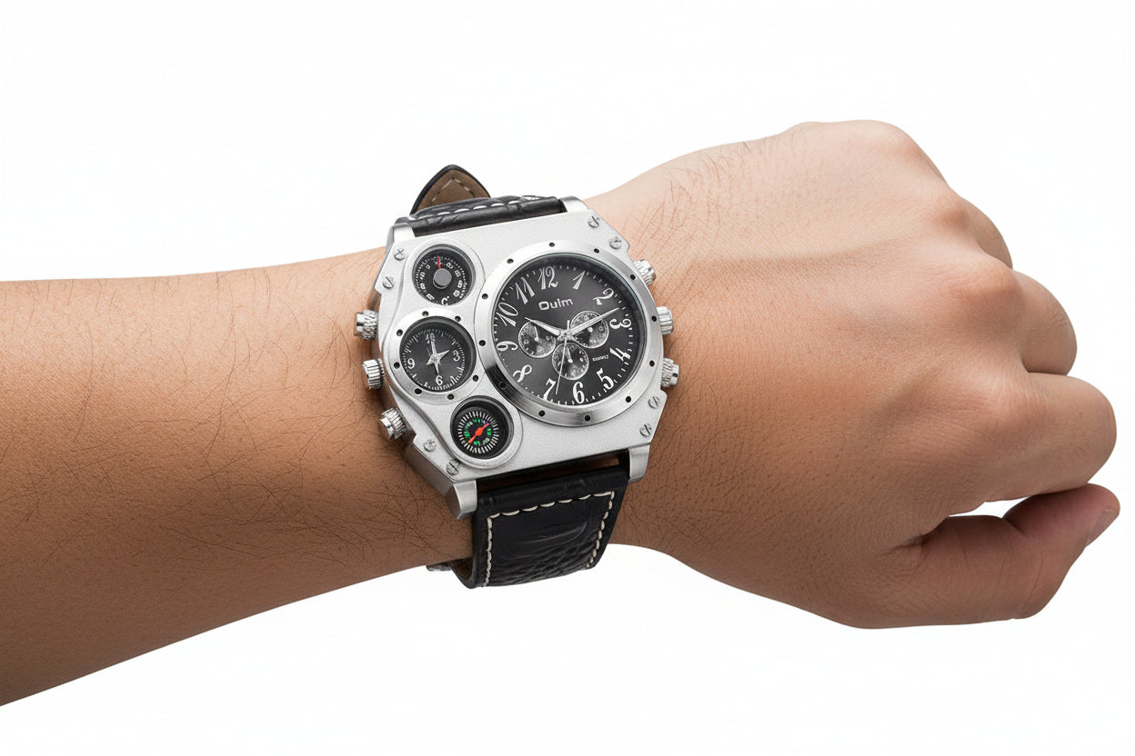 Black and silver watch with detailed face on a white background