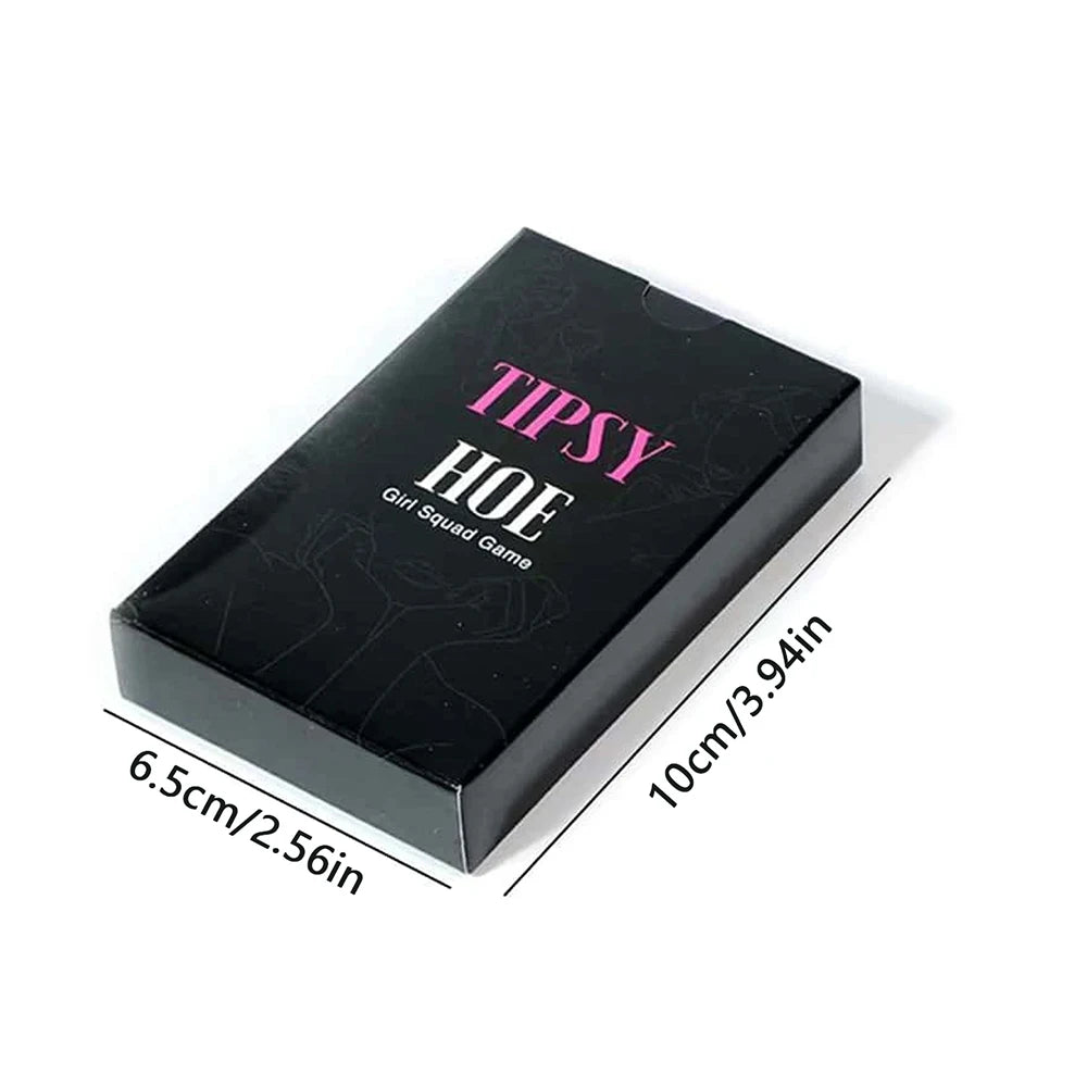 Black box with 'Tipsy' text and dimensions on a white background. Black box with 'Tipsy' text and dimensions on a white background. Tipsy girl squad game cards with pink and black design. Two card decks with 'Tipsy' branding on a white background. Tipsy Night Game Girl Bachelorette Night Game Party Bridal Shower Game Drinking Card Games
