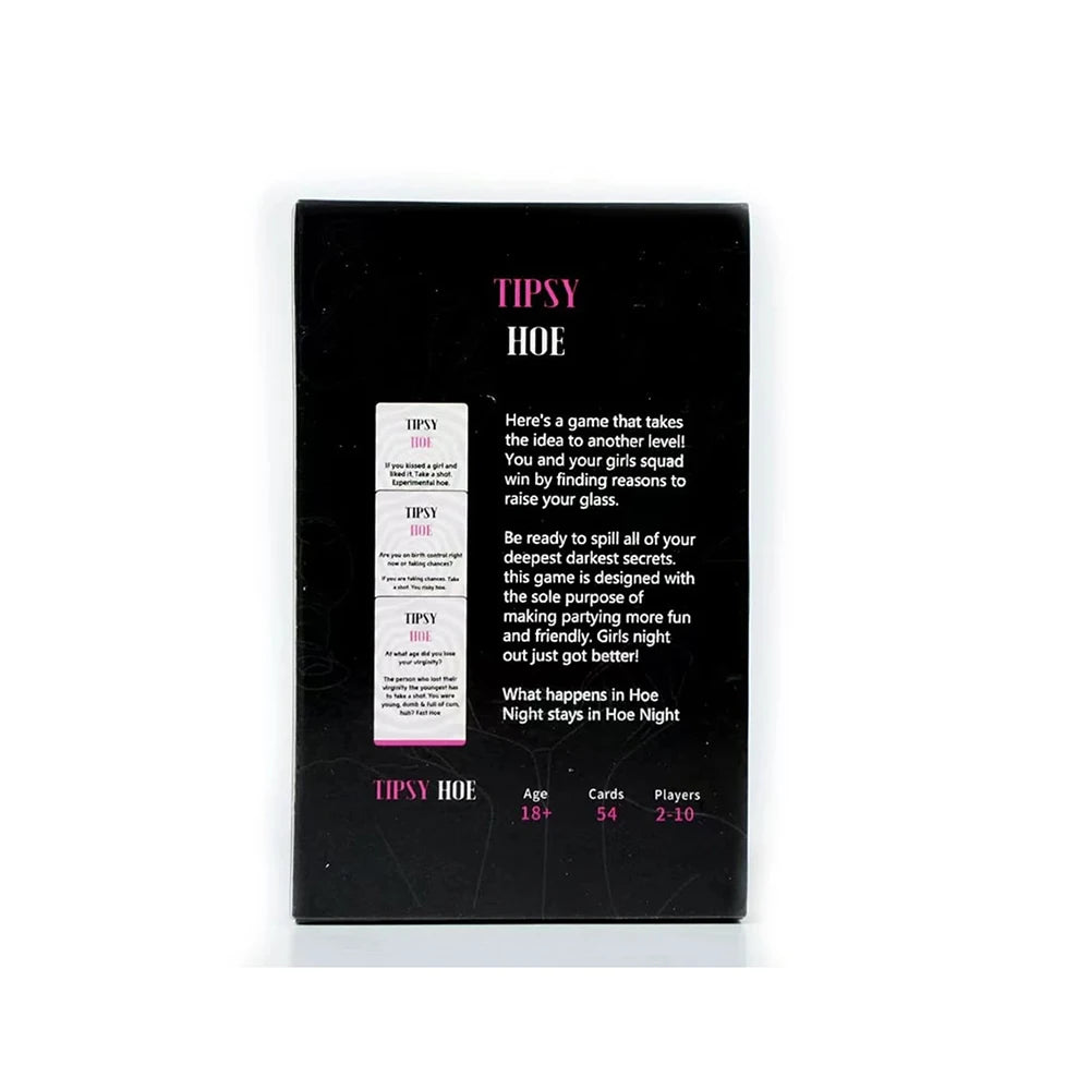 Black card game box with 'Tipsy' branding on a white background. Tipsy girl squad game cards with pink and black design. Two card decks with 'Tipsy' branding on a white background. Tipsy Night Game Girl Bachelorette Night Game Party Bridal Shower Game Drinking Card Games